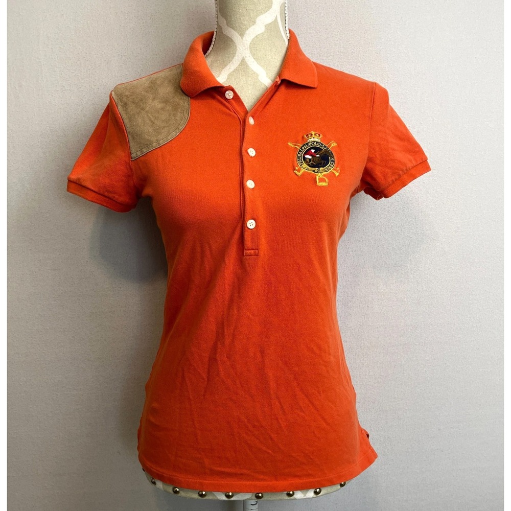 Ralph Lauren Sport Womens Shooting Polo Short Sleeve Top Orange Sz M Fits Small